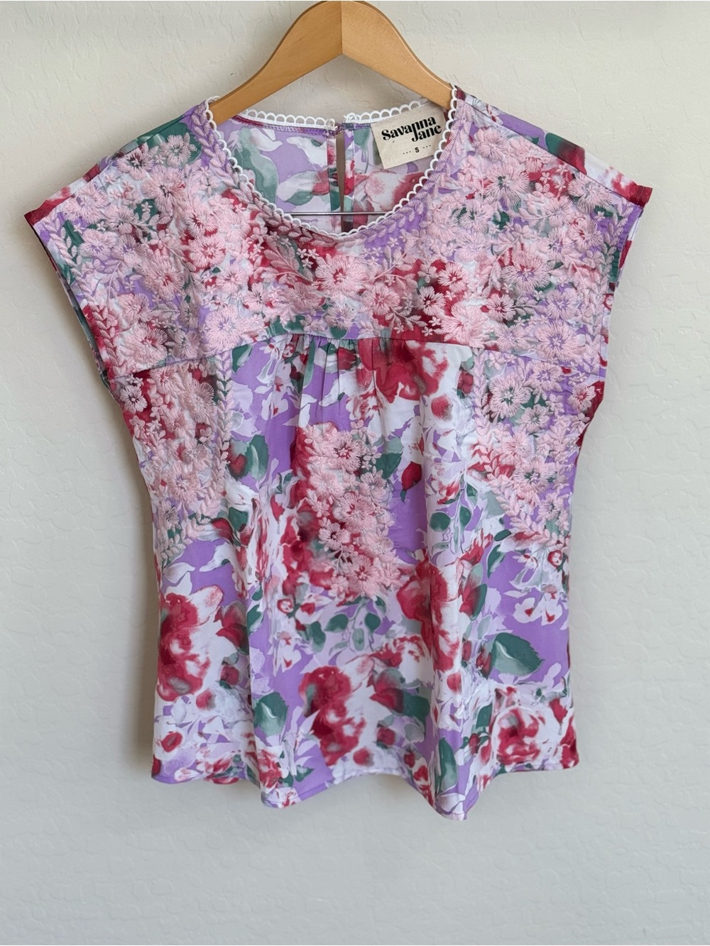 Savanna Jane Lavender Boho Floral Lace Embroidered Dolman Top Blouse Small EUC